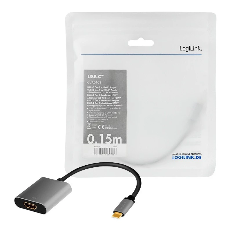 LogiLink CUA0103 cable USB 3.2 Gen1 Type-C a HDMI-A 0,15 m negro gris