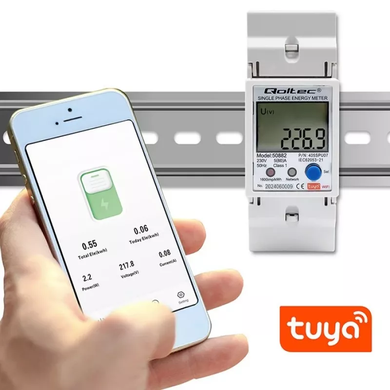Qoltec 50882 Contador electrónico monofásico de consumo de energía para carril DIN | Wi-Fi | TUYA | 230V | LCD