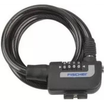 Candado de cable FISCHER 85906 — cable espiral negro de 1200 mm con combinación de 4 dígitos