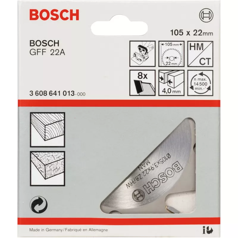 Bosch 3608641013 fresa de ranurar, 105 x 22 mm, 8 dientes, para GFF 22 A