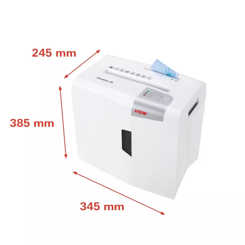 Destructora de documentos HSM X5 corte en partículas P-4, 22 cm de ancho de trabajo, partículas de 4,5 mm, capacidad 5 hojas, contenedor 18 l