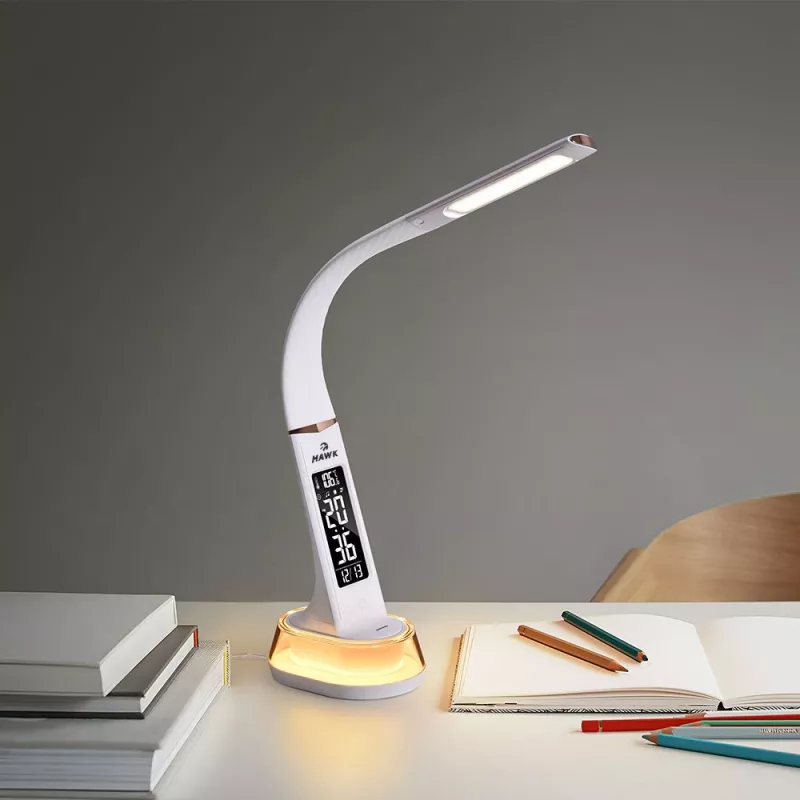 Lámpara de escritorio Hawk HW-LAMP05 blanca LED ajustable — lámpara de trabajo LED compacta con brazo ajustable