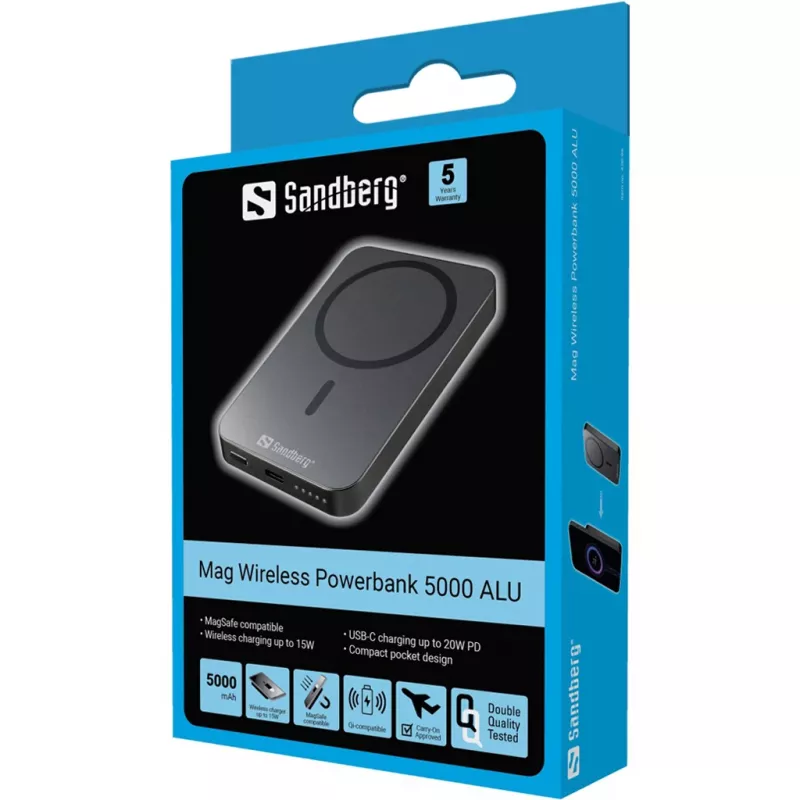 Batería externa portátil Sandberg Mag Wireless Powerbank 5000 ALU, 5000 mAh