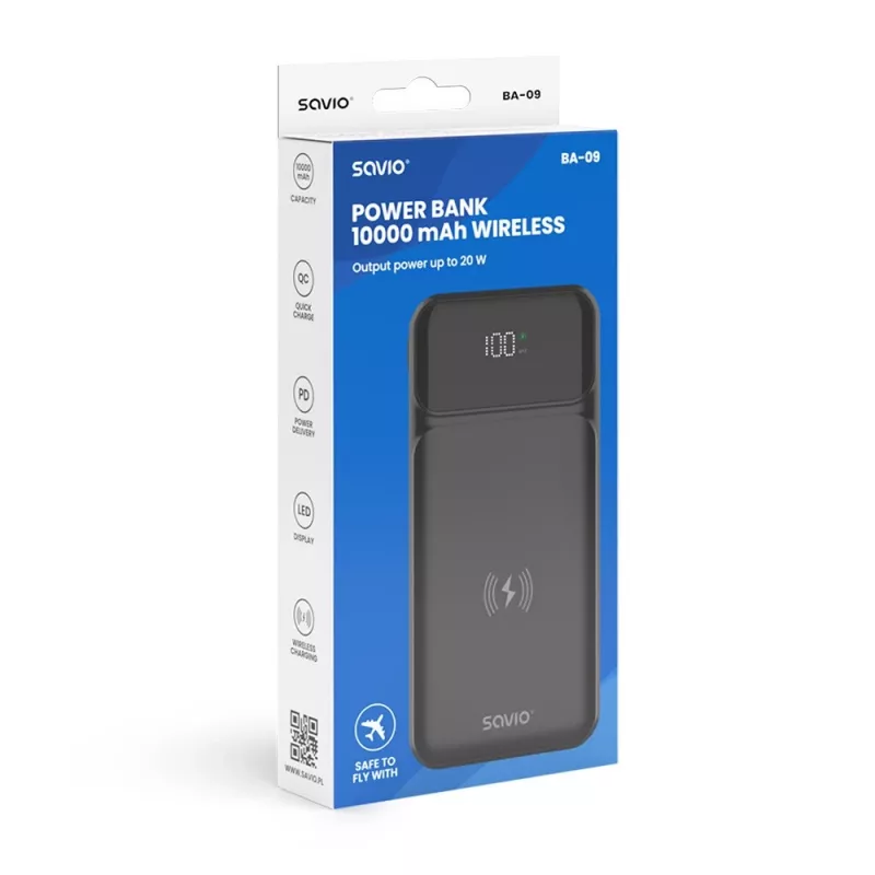 Batería externa inalámbrica Savio BA-09, 10000 mAh, negra