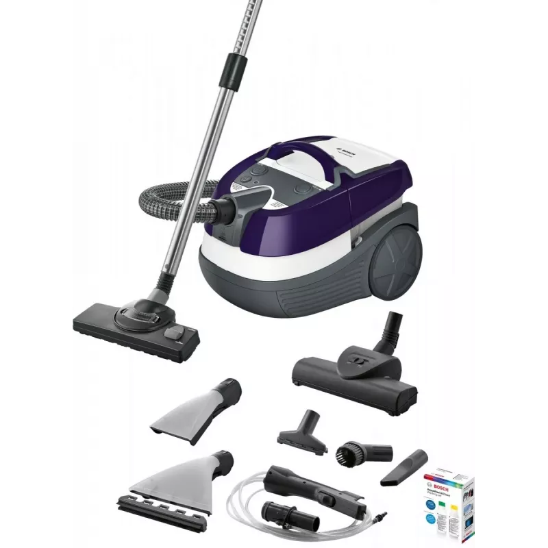 Aspirador en húmedo y seco Bosch BWD 41740 AquaWash&Clean — 1700 W, depósito de 5 litros, filtro EPA, tubo telescópico, radio de 9 m, lila