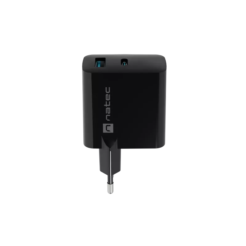 Cargador con cable para dispositivos móviles NATEC NUC-2143, 45 W, USB-C PD 3.0 + USB-A QC 3.0, 110–240 V, negro