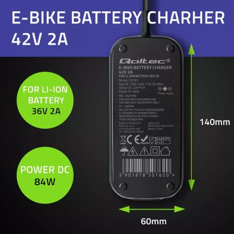 Cargador QOLTEC para e-bike Bosch 50762 36V/42V 2A