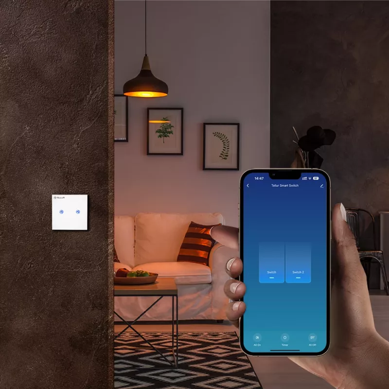 Interruptor WiFi inteligente Tellur SS2N — 2 puertos, 1800 W en total, 10 A por canal