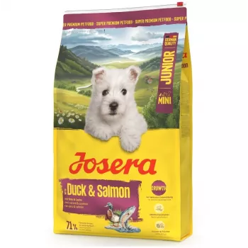 Pienso seco para perros JOSERA Mini Junior Duck & Salmon 900 g — para cachorros de razas pequeñas, proteína 29%, grasa 18%