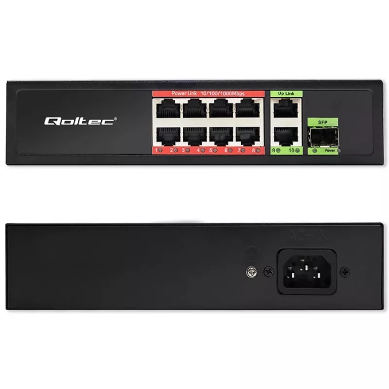 Switch Ethernet QOLTEC 52297 PoE RJ45 con uplink PoE y puerto SFP