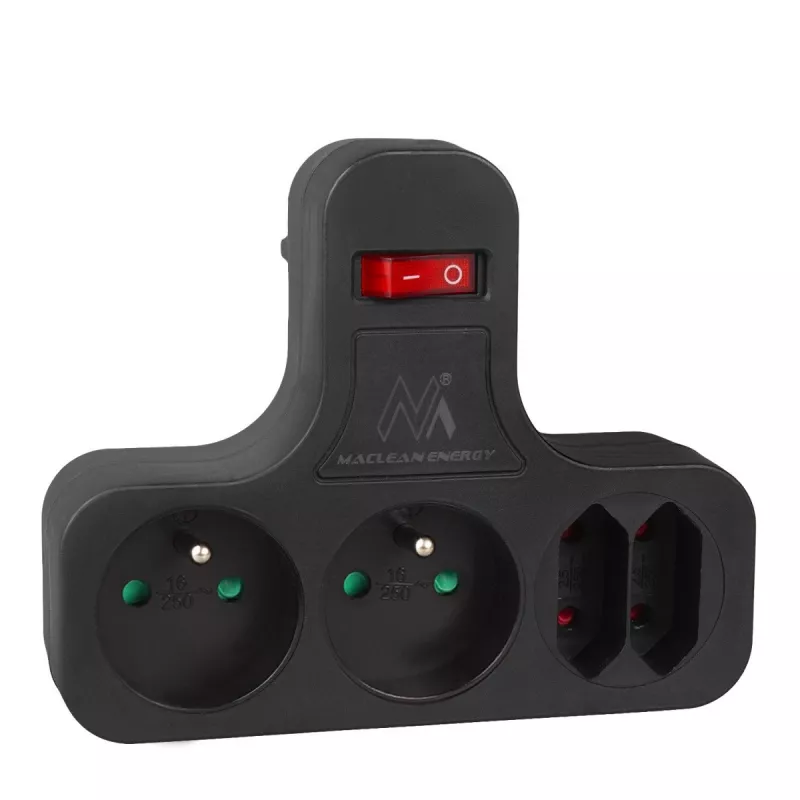 Maclean regleta de enchufes, cuádruple con interruptor, pie de estabilización, tipo E, 2x2,5A, 2x16A, MCE224 E/B
