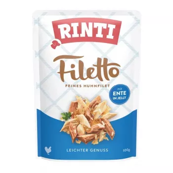 Alimento húmedo para perros RINTI Filetto Filete de pollo con pato 100 g — alimento completo para perros adultos, 14% proteína, 82% humedad