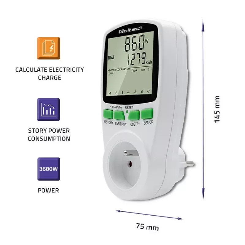 Medidor de consumo QOLTEC PM0627 3680W con historial — QOLTEC PM0627 3680W