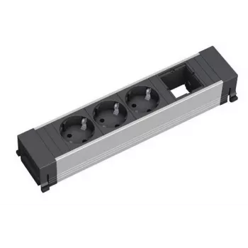 Alargador de corriente Bachmann 916.006 — 3 tomas de CA, cable de 0,2 m, carcasa de aluminio, negro/gris