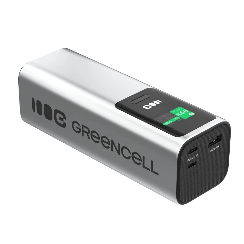 Batería portátil Green Cell PBGC25UD, 25200 mAh, Li‑Ion, 140 W de potencia total, 2× USB‑C + 1× USB‑A, pantalla OLED, carcasa de aluminio