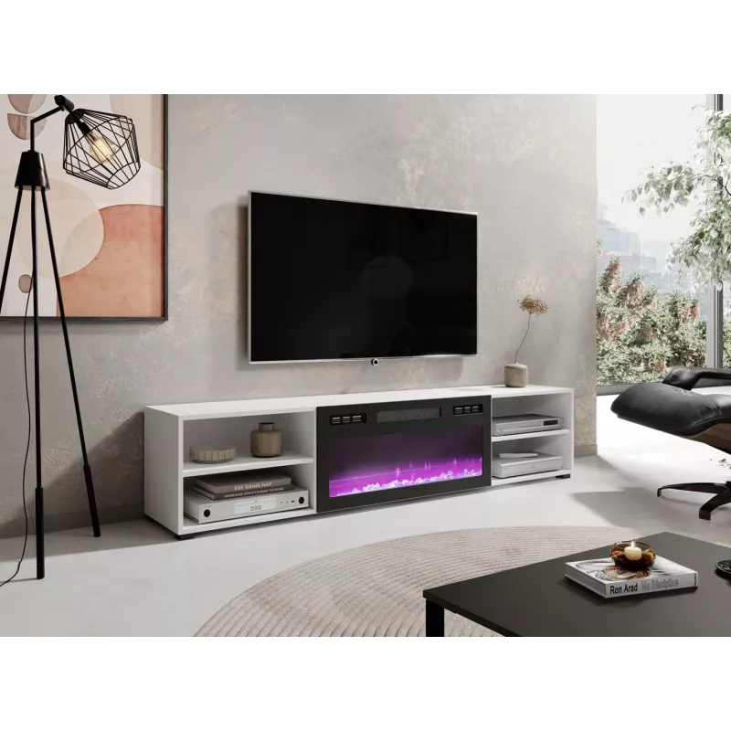 Mueble TV cama meble POLO 180x33x39 cm con chimenea eléctrica 1400–1600 W, laminado, blanco/negro