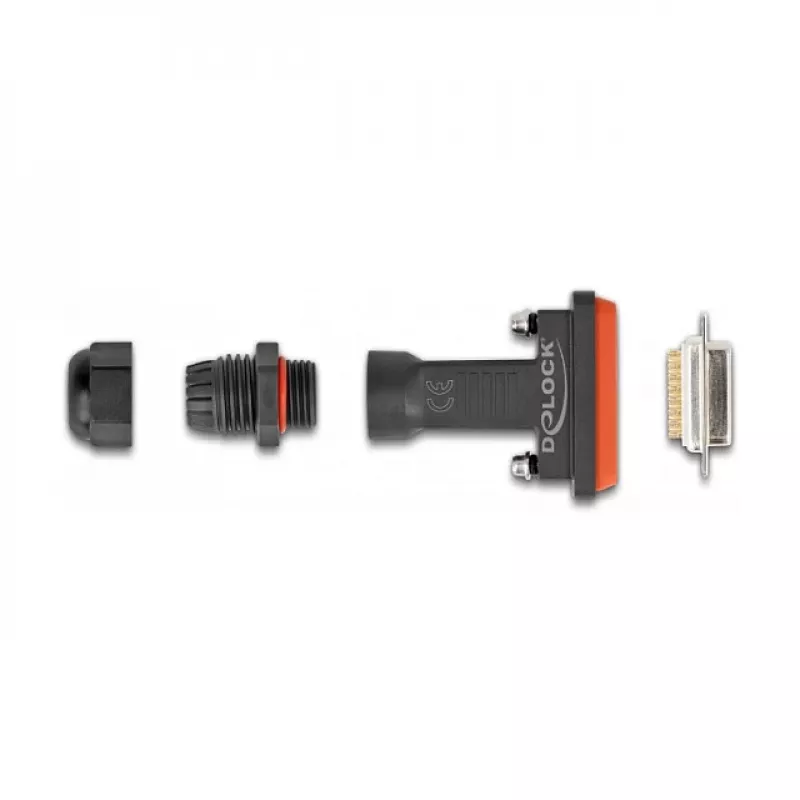 Conector hembra DeLOCK D-Sub de 15 contactos IP67 impermeable negro/naranja