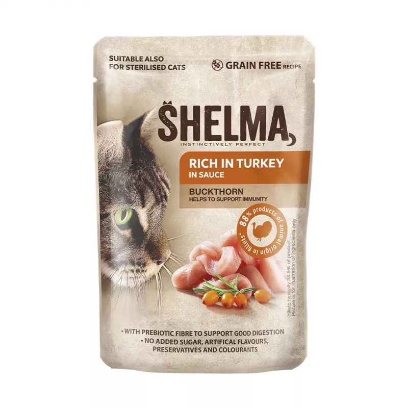 SHELMA con pavo, pato, pollo y ternera en salsa - comida húmeda para gatos - 12x85g