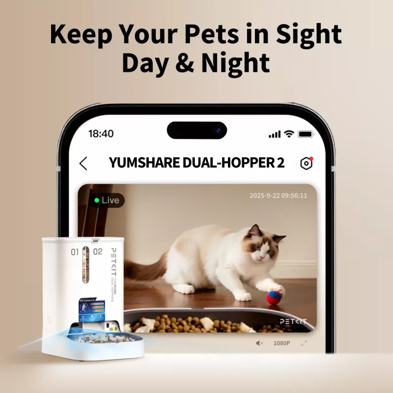 Comedero automático PETKIT YumShare Dual-hopper 2 con cámara, capacidad 5 L, ABS y acero inoxidable 304, blanco