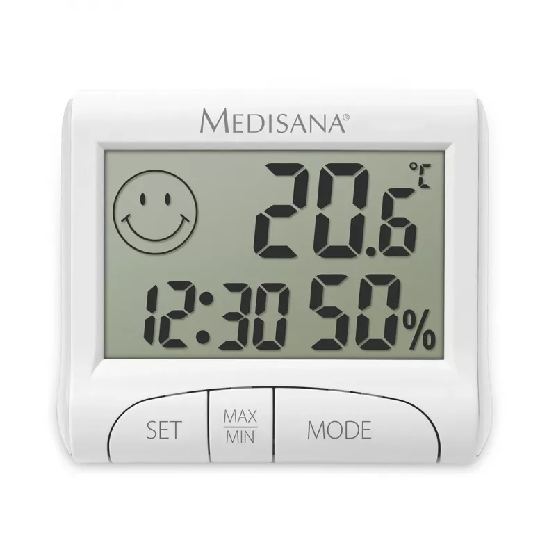 Higrómetro interior electrónico Medisana HG 100 — termómetro digital, humedad del aire 20–90 %, temp. -10–50 °C, pantalla de sobremesa, pila AAA