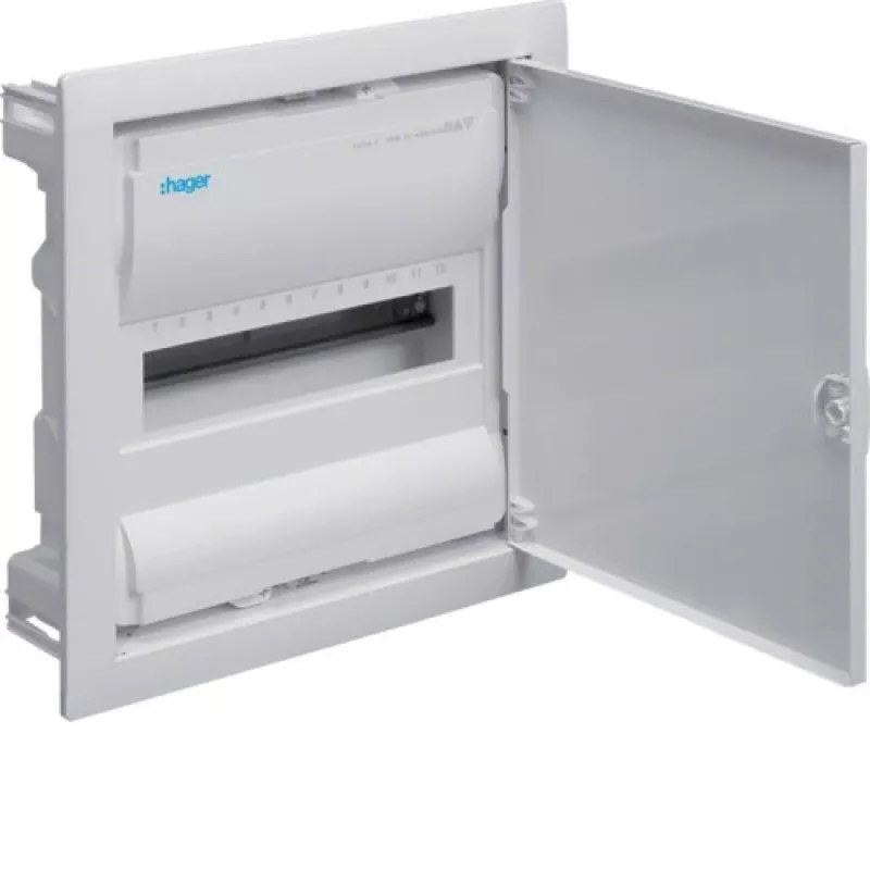 Hager Volta VU12NE cuadro eléctrico empotrable, 1 fila, 12 módulos, IP30, puerta metálica, 348×356×98 mm, blanco
