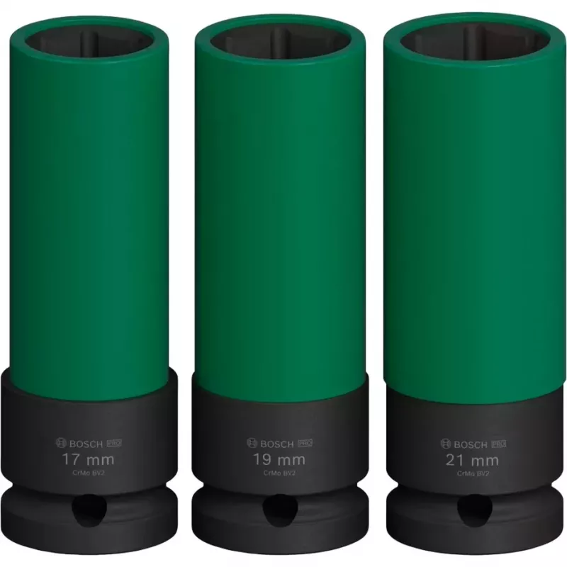Set de llaves de impacto Bosch PRO 1/2 inch, 3 piezas, vasos profundos con protección de llantas