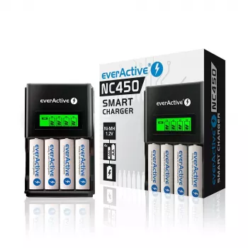Cargador de baterías everActive NC450B — cargador de 4 celdas AAA, 110/230V AC, negro