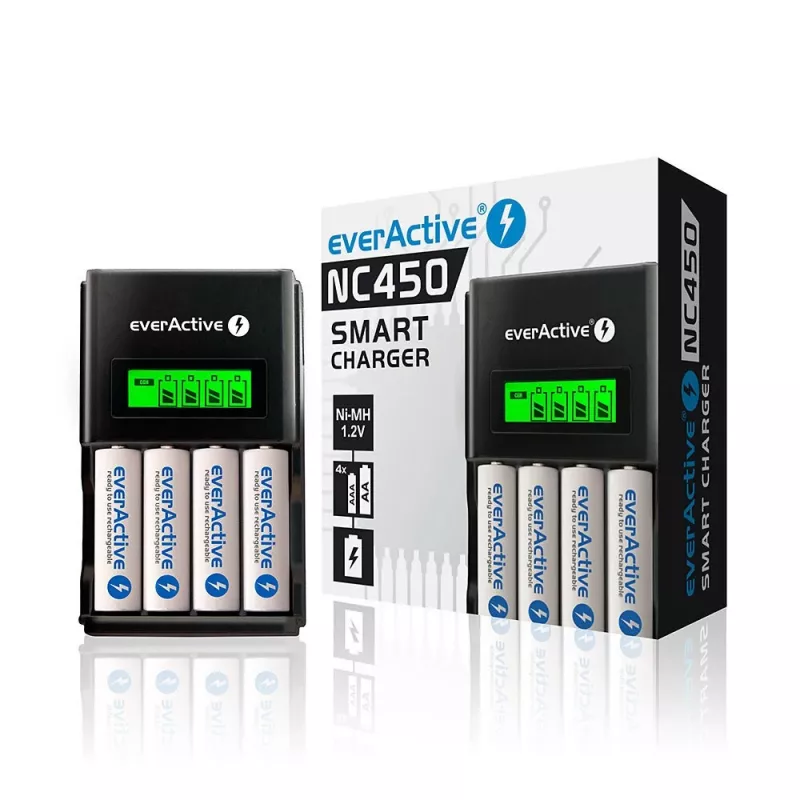 Cargador de baterías everActive NC450B — cargador de 4 celdas AAA, 110/230V AC, negro