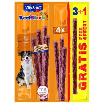 Premios de entrenamiento para perros Vitakraft Beef Stick pavo — 4×12 g bolsas, proteína 30%, grasa 25%