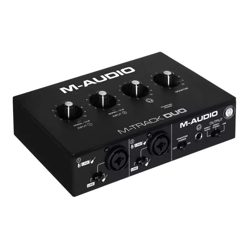 Interfaz de audio M-Audio M-Track Duo — USB 2-in/2-out, 16-bit/48 kHz, 1x XLR/TS combo, 1x entrada de instrumento, alimentación fantasma 48V