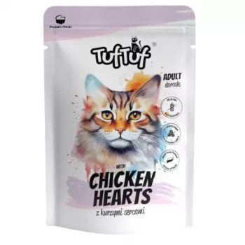 Comida húmeda para gatos TufTuf TUF TUF con corazones de pollo, 100 g bolsa, alimento completo para gatos adultos
