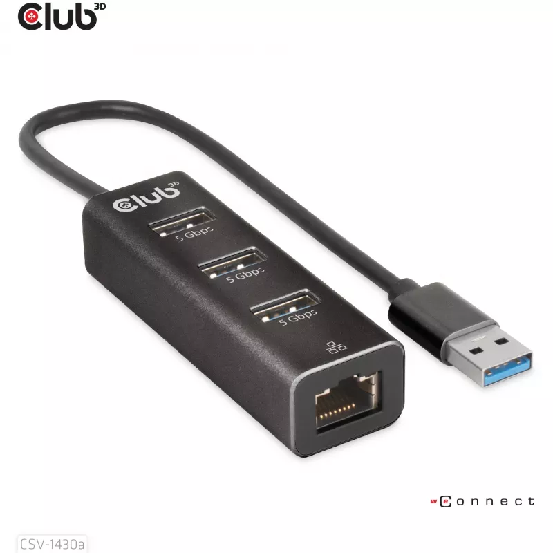 Hub USB CLUB3D USB 3.2 Gen1 Type-A con 3 puertos y Gigabit Ethernet