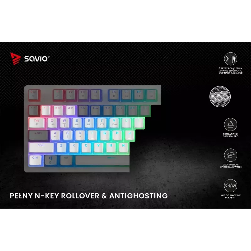 Teclado gaming Savio Phenix WHITE GAT RED PUD con cable inalámbrico USB Bluetooth RGB LED