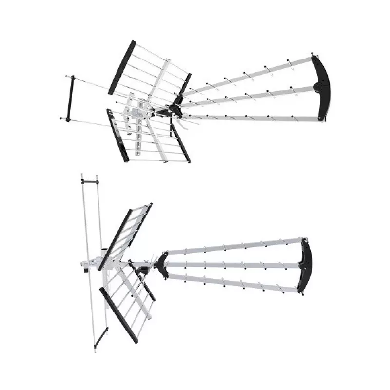Antena DVB-T exterior/interior LIBOX LB2000 con amplificador de 69 dB, doble polarización, 174–790 MHz, aluminio/negro