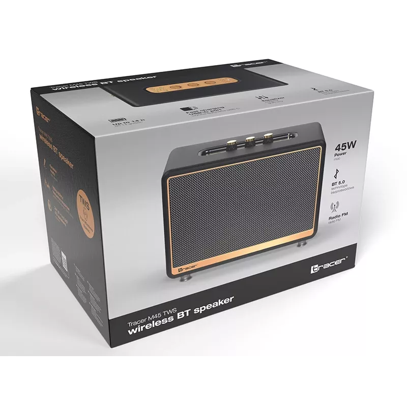 Altavoz estéreo portátil TRACER M45 Negro — Bluetooth 5.0, 45 W RMS, radio FM, micrófono integrado, alimentación por batería