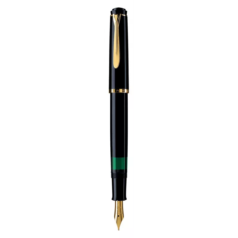 Pelikan M200, negro, oro, sistema de carga integrado, resina, oro, plumín itálico, oro, acero inoxidable