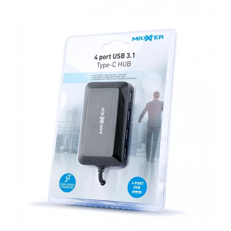 Hub USB GEMBIRD ACT-HUB3C-4P — host USB 3.2 Gen 1 Type-A a 4 × USB 3.2 Gen 1 Type-C, 5000 Mbit/s, negro