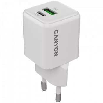 Cargador Canyon CU20AC GaN 20W PD, 2 puertos (USB-A/USB-C) WH venta al por menor (CNS-CUW20AC)