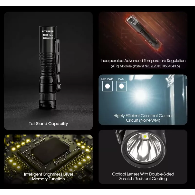 Linterna de mano Nitecore MT1A Pro — LED 50 lm, recargable por USB, 1100 mAh, aluminio, impermeable, resistente a impactos, negra