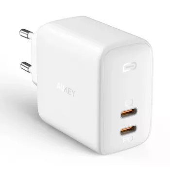 Cargador de pared Aukey PA-B4 2x USB blanco GaN – fuente de alimentación USB compacta con dos puertos USB