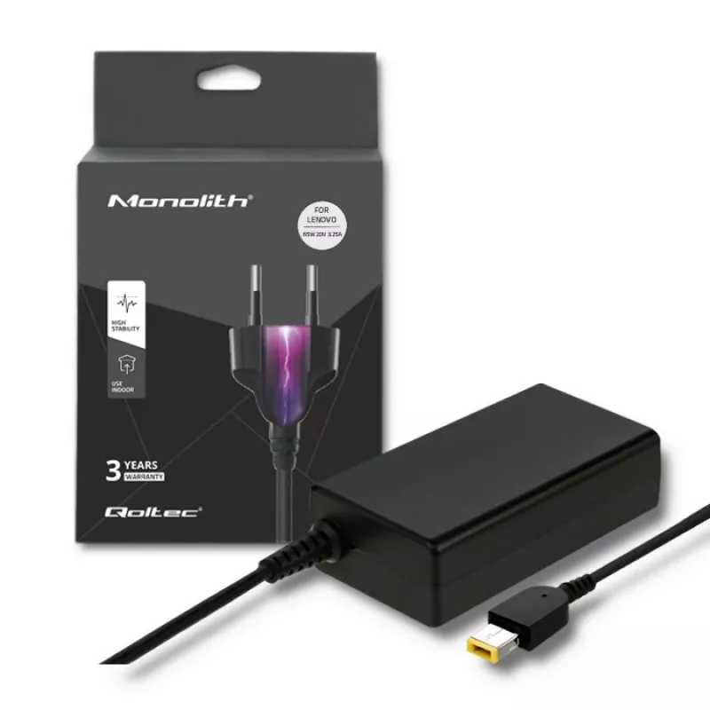 Fuente de alimentación QOLTEC 51556 para interiores 65 W para portátiles Lenovo, 20 V 3,25 A, negro