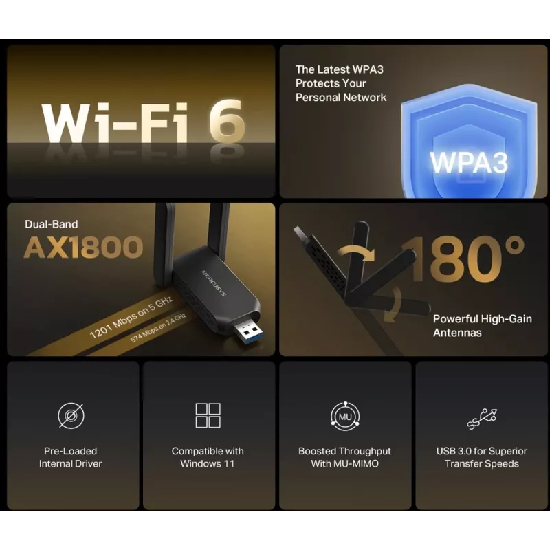 Adaptador USB Wi‑Fi MERCUSYS MA72XH AX1800 con antenas High‑Gain, USB‑A Plug‑and‑Play