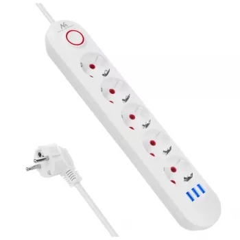 Regleta MACLEAN MCE395 W — 5 tomas de corriente, 3×USB A, 110–240 V AC, 2,1 A USB, máx. 2500 W, blanca, cable de 1,5 m