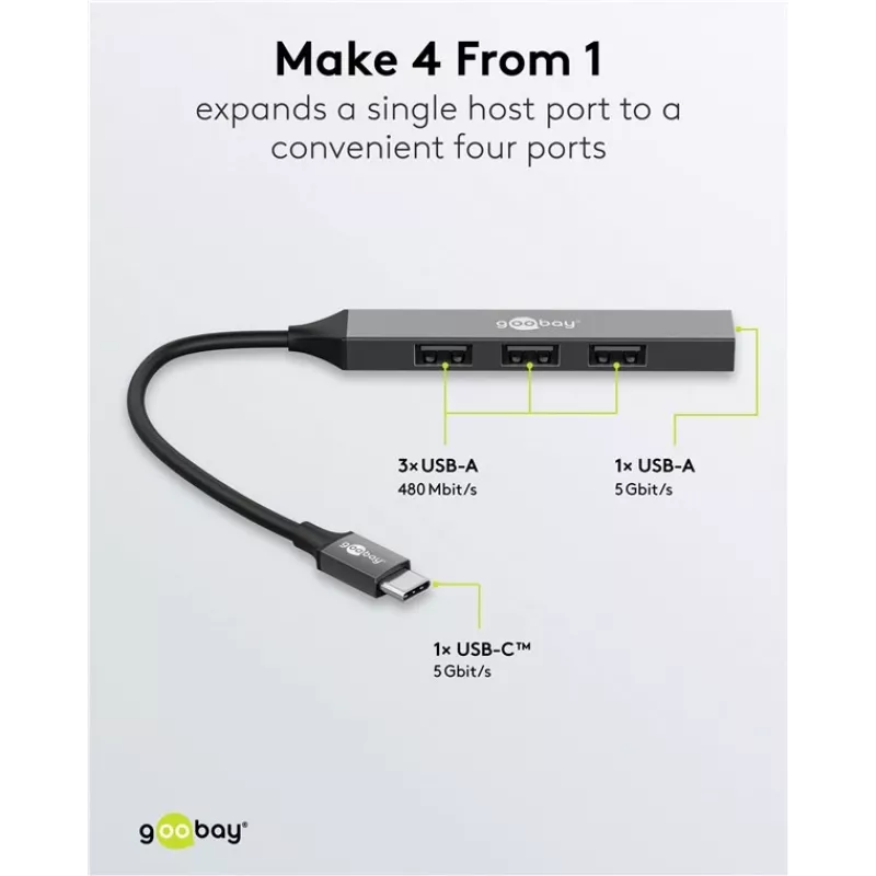 Hub USB Goobay Slim de 4 puertos, USB-C™ a USB-A, USB 3.2 (74457)