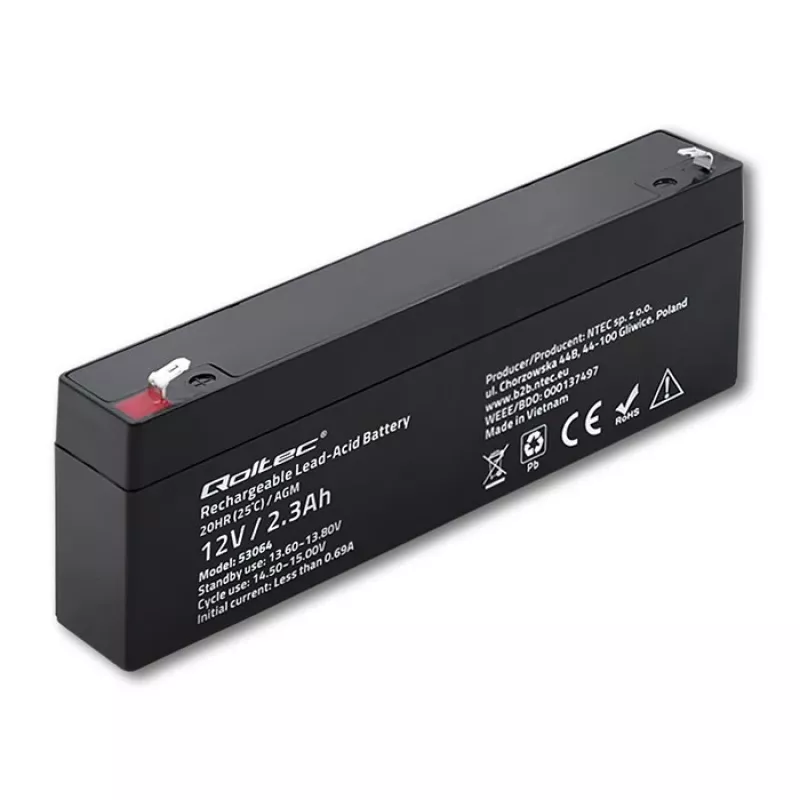 Batería AGM sellada QOLTEC 12V 2,3Ah para sistemas SAI y de respaldo, descarga máx. 34,5A