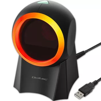 Lector de códigos de barras de sobremesa con cable QOLTEC 50857 – 1D/2D, USB, carcasa de ABS, negro, cable de 1,75 m