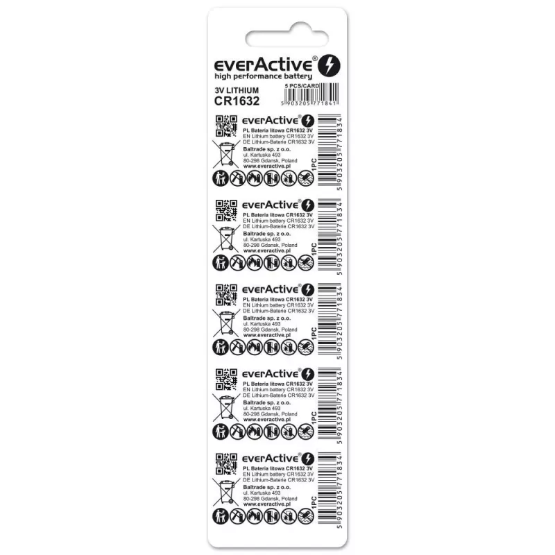 Pila everActive CR1632 de botón de litio de un solo uso 3 V — 5 uds., 16 mm × 3,2 mm