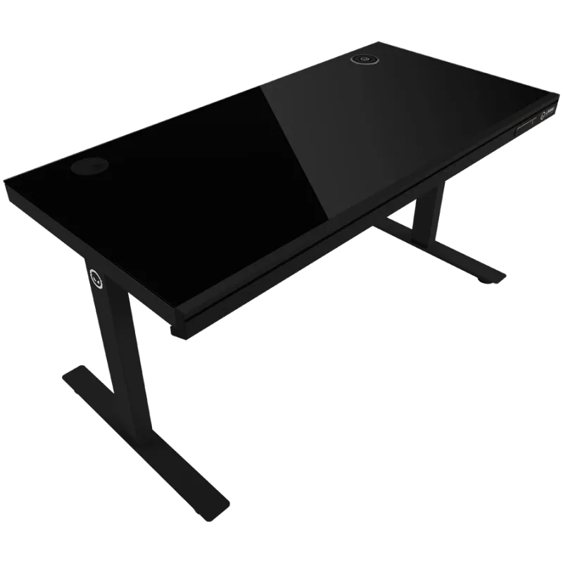 Escritorio gaming de altura ajustable con dos motores, función sentado/de pie, cargador inalámbrico, iluminación RGB, panel de control y puertos USB, tablero de vidrio templado, negro