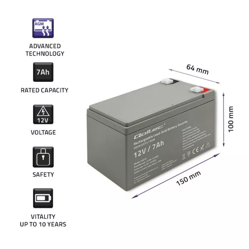 Batería AGM Qoltec 53076 | 12V | 7Ah | seguridad