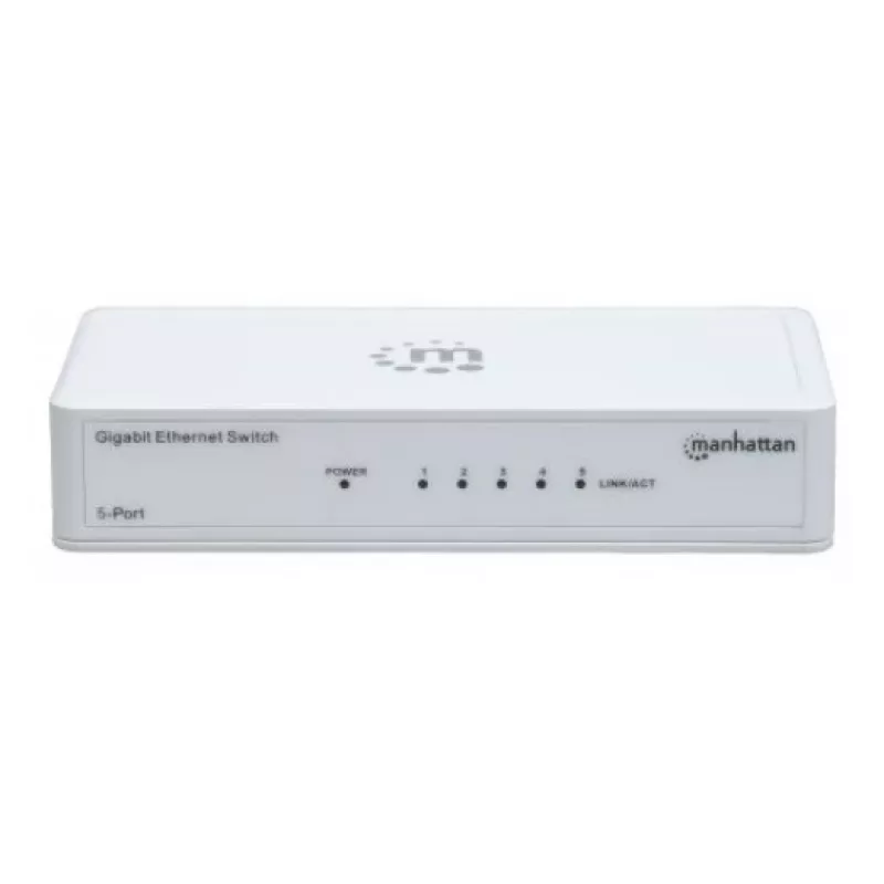Manhattan Switch Gigabit Ethernet de 5 puertos, tamaño sobremesa, plástico, IEEE 802.3az (Energy Efficient Ethernet), tres años de garantía, caja